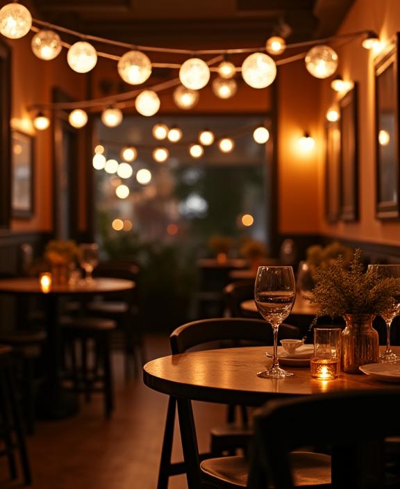 Brew Haven cafe space configured for a private evening event with moody lighting.