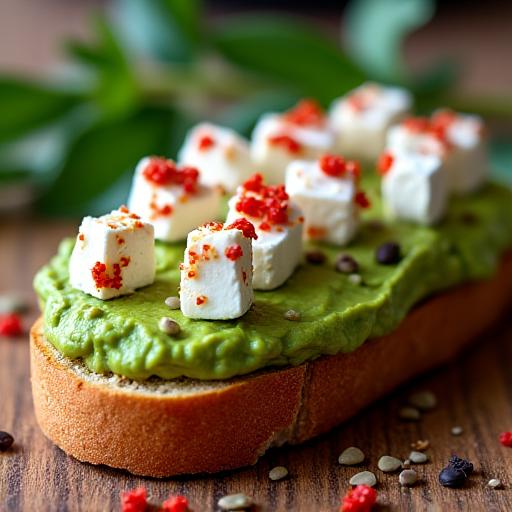 Gourmet smashed avocado on sourdough toast with feta and seeds.