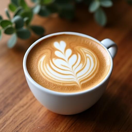 A cup of coffee with intricate latte art on a wooden table.